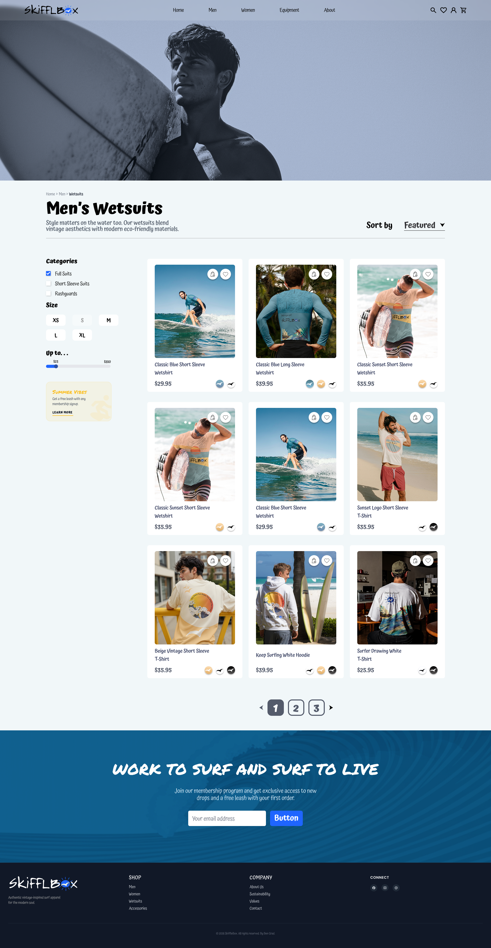 SkiffleBox men's wetsuits category page with filters and product grid