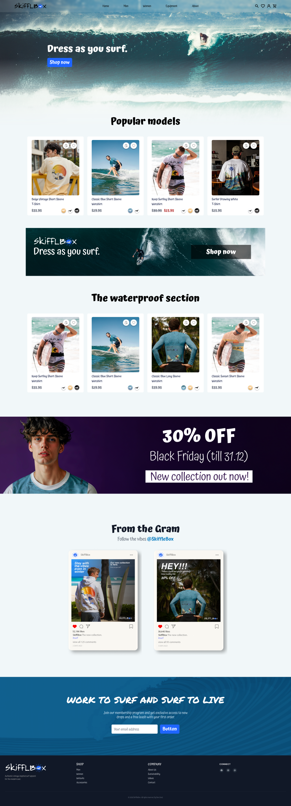 SkiffleBox homepage: hero, popular models, waterproof section, promotions and Instagram feed